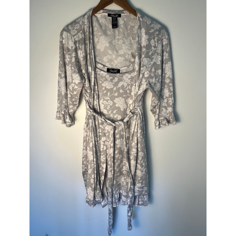 René Rofé Robe+Nightgown Set Wm Lg Grey Floral‎ Ruffle 2-Piece Loungewear
